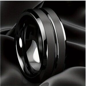 Men's Black Grooved Stainless Steel Wedding Band Ring